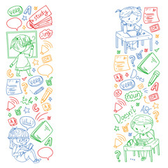 English school for children. Learn language. Education vector illustration. Kids drawing doodle style image.