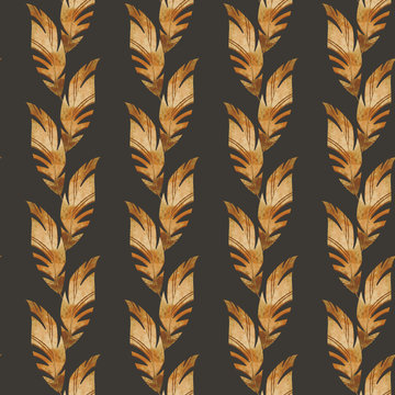 Beige Dry Tropical Palm Leaf Cute Seamless Patten On A Dark Background. Print For Banners, Posters, Cards, Web, Textile, Paper, Stationery.