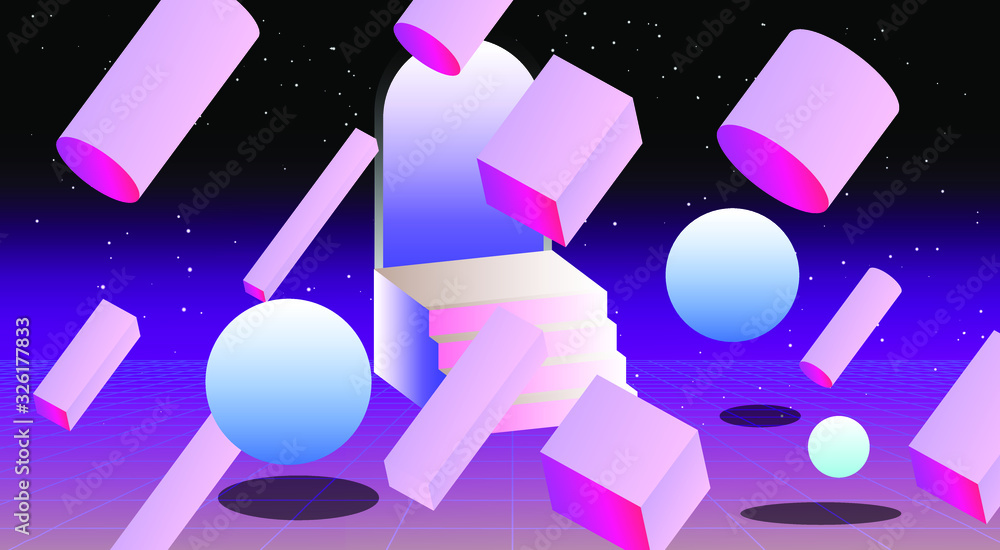 Poster surreal retrowave and vaporwave style illustration with staircase and arch on endless laser grid.