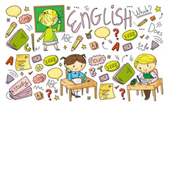 English school for children. Learn language. Education vector illustration. Kids drawing doodle style image.