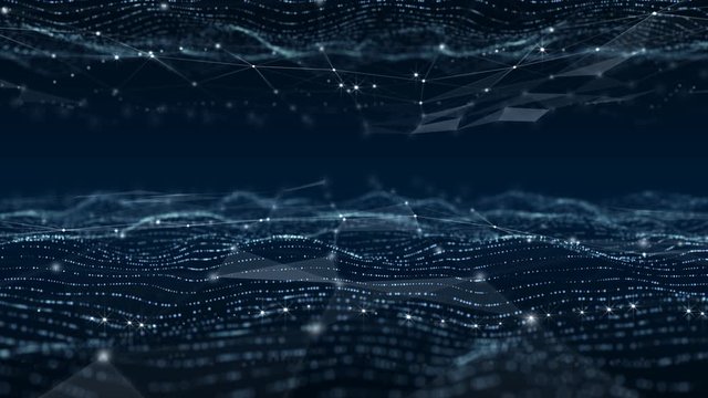 This stock motion graphics video shows white particles and a blue plexus waving on a dark background.
