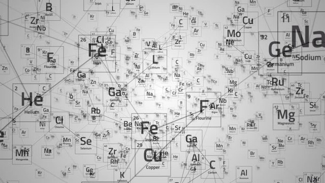 This stock motion graphics video shows the chemical elements connected by lines and their corresponding symbols and numbers drifting in digital space.
