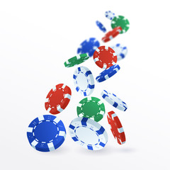 Falling casino chips isolated on white background. Flying poker chips vector illustration. Games of chance. Element for your design.