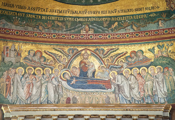 Jacopo Torriti's mosaic 'The Dormition of the Virgin Mary' (1296) in the apse of the Papal Basilica...