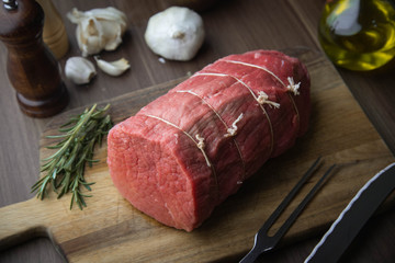 raw eye of round beef for roast beef with butcher’s knot