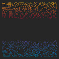 Italy. Vector set of icons for restaurant, cafe, backgrounds. Coliseum, Rome, Pisa, Venice. Cheese and Pizza.