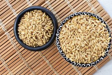 Natural oat grains, in containers for display