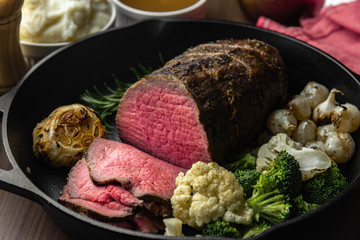 eye of round roasted beef on iron skillet pan