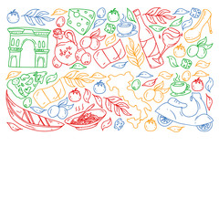 Italy. Vector set of icons for restaurant, cafe, backgrounds. Coliseum, Rome, Pisa, Venice. Cheese and Pizza.