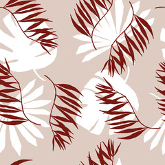 Abstract trendy seamless pattern with random different  silhouettes of tropical plants in warm earthy colors. Brown, beige, white. Modern textile, branding, packaging.