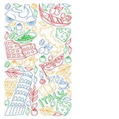 Italy. Vector set of icons for restaurant, cafe, backgrounds. Coliseum, Rome, Pisa, Venice. Cheese and Pizza.