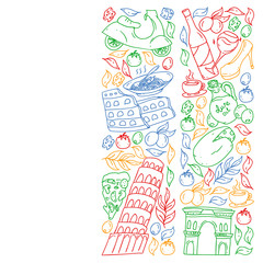 Italy. Vector set of icons for restaurant, cafe, backgrounds. Coliseum, Rome, Pisa, Venice. Cheese and Pizza.