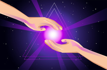 Fototapeta na wymiar Mystic. the birth of the universe in the hands. The discovery of the subconscious, esotericism, the study of occultism, the knowledge of enlightenment and nirvana. vector abstract illustration