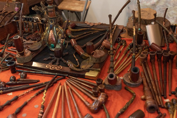 Wooden pipes of all types for sale in an ethnic market