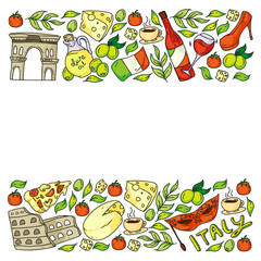 Italy. Vector set of icons for restaurant, cafe, backgrounds. Coliseum, Rome, Pisa, Venice. Cheese and Pizza.