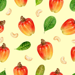 Cashew hand drawn watercolor illustration. Seamless pattern.