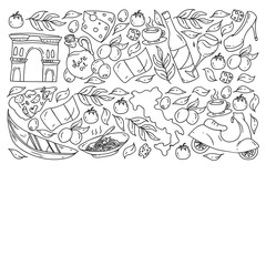 Italy. Vector set of icons for restaurant, cafe, backgrounds. Coliseum, Rome, Pisa, Venice. Cheese and Pizza.