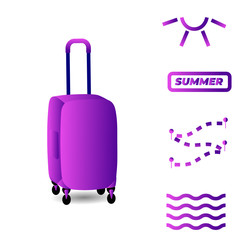 Vector illustration. Bright travel suitcase. Icons of the sun, route, sea, text summer.  Pink neon colors.