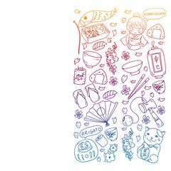 Japan. Vector pattern with japanese traditional items. Fuji mountain, sacura flowers, origami.