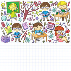 Back to school. Vector icons and elements for little children, college, online courses. Doodle style, kids drawing