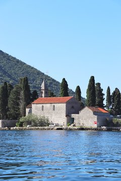 Island of St. George, one of two islet landmarks on Kotor Bay in Perast, Montenegro