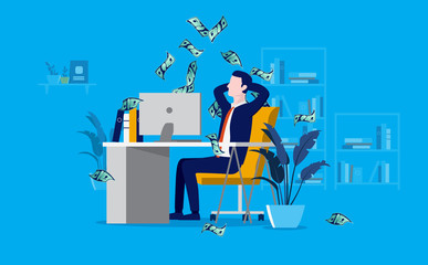 Salary payday - Businessman in office with money rain. Enjoying work payroll and monthly income while relaxing. Pay check, easy money and profits concept.