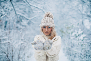 Woman snow background. Winter day