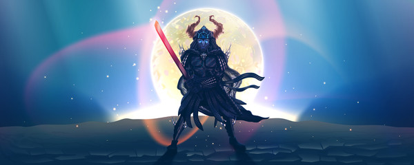 Night fantasy landscape with warrior, japanese samurai silhouette over moon, fantasy fighter with fire sword in dark armor. Asian ninja, dangerous Ronin. Martial arts symbol. Vector illustration.