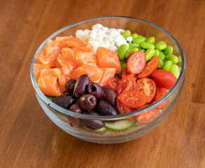 Hawaiian tuna salmon marlin wakame sesame soy cucumber avocado rice poke bowl