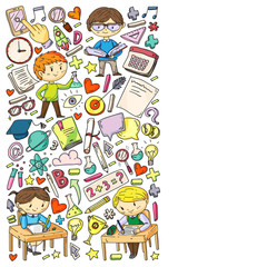 Back to school. Pattern with books, education element and little students. Kids, children learning mathematic, geography, geometry, physic, chemistry