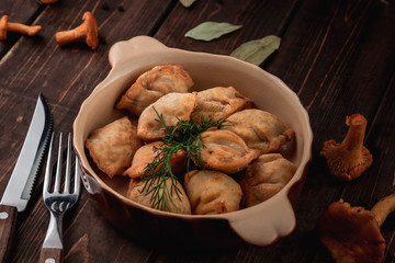 Horizontal photo of russian traditional homemade dumplings stuffed with chanterelle mushrooms in a bowl on a dark wooden background, national cuisine concept for menu of food restaurant, side view