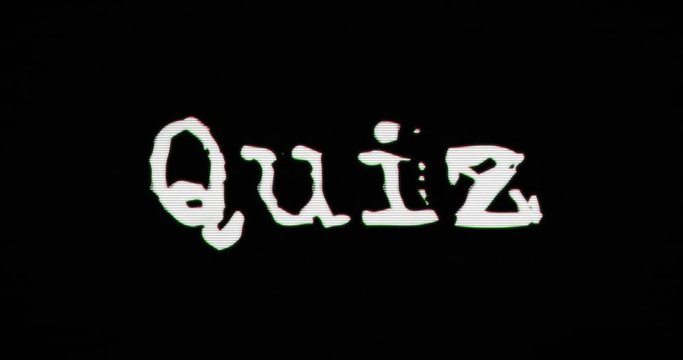 Quiz and question mark symbol distorted text on damage retro tv background. Abstract concept with noise and glitch effect. Seamless and loop 3d rendering animation.