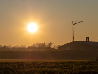 tower crane at dawn on the background of the village