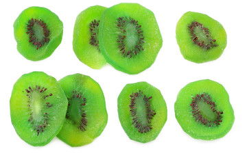 Fototapeta premium slices dried kiwi isolated on white background. top view