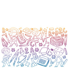 Cute school children. Imagination and creativity. Play and learn, singing, dancing, reading, drawing.