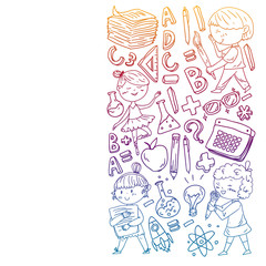 Cute school children. Imagination and creativity. Play and learn, singing, dancing, reading, drawing.