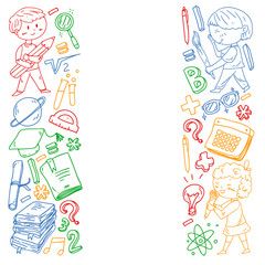 Cute school children. Imagination and creativity. Play and learn, singing, dancing, reading, drawing.