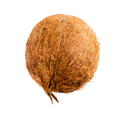 Tropical whole coconut isolated on white background. Clipping Path. Object for packaging design, advertising. Vegetarian food, healthy lifestyle and food, gluten-free vegetable milk.