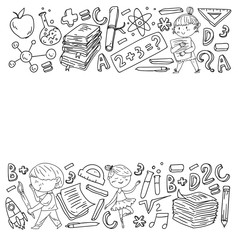 Cute school children. Imagination and creativity. Play and learn, singing, dancing, reading, drawing.