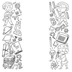 Cute school children. Imagination and creativity. Play and learn, singing, dancing, reading, drawing.