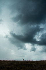 Obraz na płótnie Canvas Person stands storm clouds over field