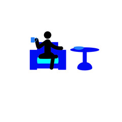 Lunch, stick man sitting on a chair with a Cup of coffee at a table isolated on a white background