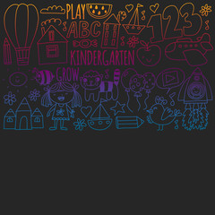 Vector pattern for kindergarten banners, posters with moon, planet, spaceship, rocket, sun, fruits, house, flowers. Creativity and imagination.