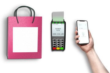 Payment terminal, smartphone in a hand, isolated on white background. Template, mockup.