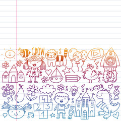 Obraz premium Vector pattern for kindergarten banners, posters with moon, planet, spaceship, rocket, sun, fruits, house, flowers. Creativity and imagination.
