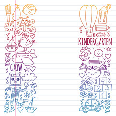 Vector pattern for kindergarten banners, posters with moon, planet, spaceship, rocket, sun, fruits, house, flowers. Creativity and imagination.