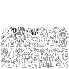 Vector pattern for kindergarten banners, posters with moon, planet, spaceship, rocket, sun, fruits, house, flowers. Creativity and imagination.