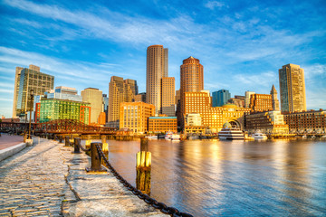 Fototapeta na wymiar Boston Skyline with Financial District and Boston Harbor at Sunrise Panorama