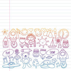 Vector pattern with little children. Kindergarten, play and grow together. Icons of toys and kids in doodle style