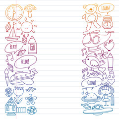 Vector pattern with little children. Kindergarten, play and grow together. Icons of toys and kids in doodle style
